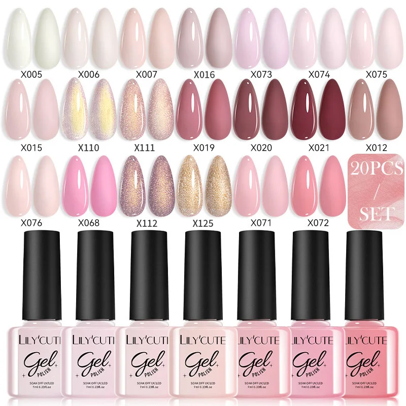 

LILYCUTE 7 мл 20/40/60 шт. Набор гель-лаков для ногтей UV LED Soak Off Гель-лак телесного цвета с розовым блеском Гель-лак для ногтей Маникюрный набор для дизайна ногтей