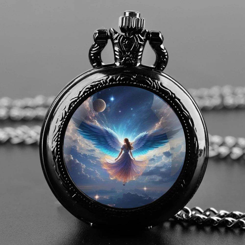 

Angel Design Glass Dome Quartz Pocket Watch With Durable Chain Arabic Numeral Dial Extraordinary Gifts for Men Kids