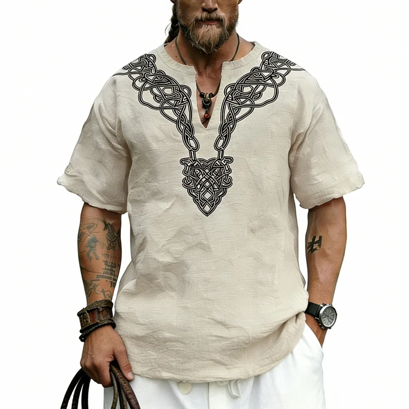 Men's Single-Linen Celtic Knot Tribal Pattern Print V-Neck T-Shirt for Casual Holiday Daily Beach Wear