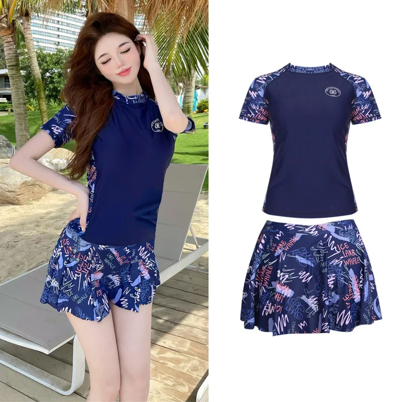 

Print Swimsuits Skirt Tankini Set Short Sleeve Swimwear Sports Beach Wear Two-Piece Bathing Suit Korean Women Swimming Suit Pool