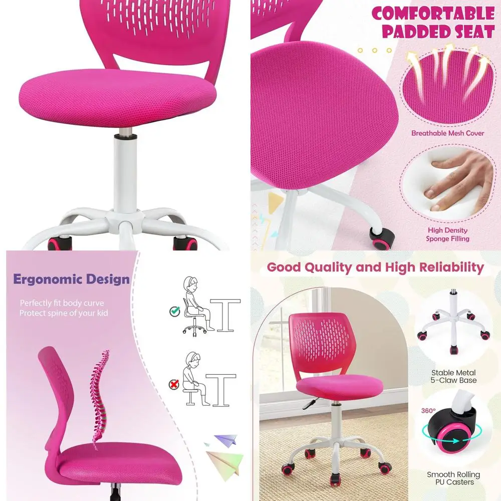 

Mid-Back Swivel Desk Chair for Home Office, Adjustable Height, Mesh Seat, Armless, Rose