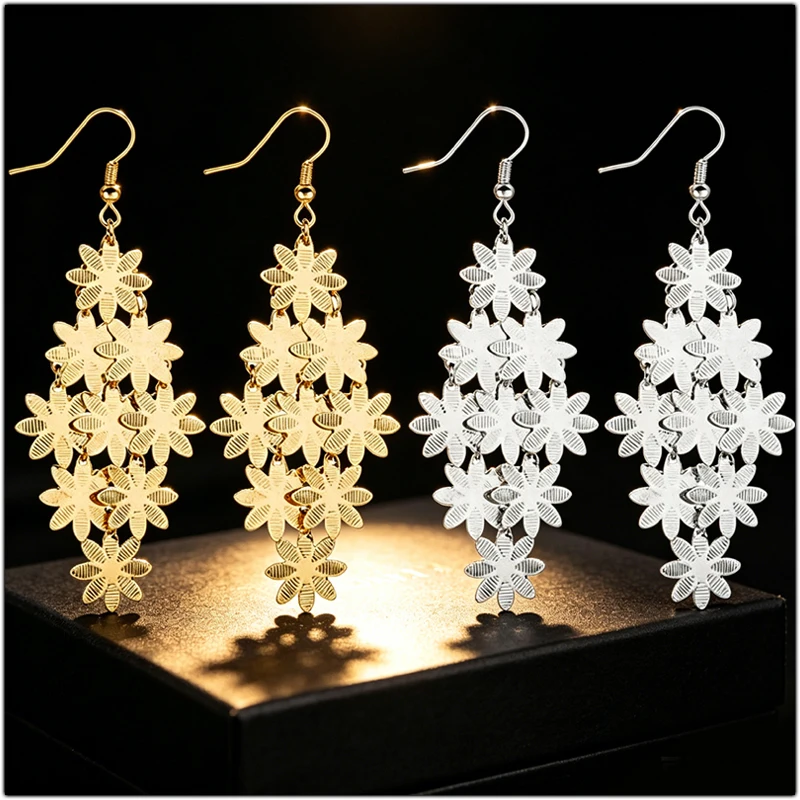 Simple Multi Layered Snowflake Dangle Long Earrings Accessories Metal Floral Flake Drop Statement Earring Leisure Decor Ornament