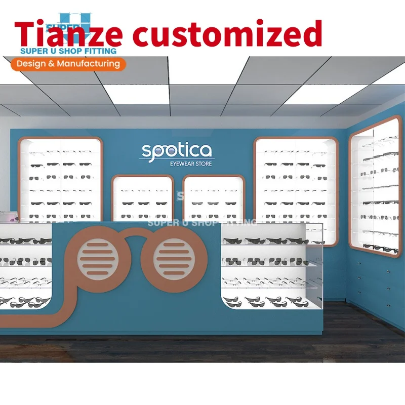 (Customized) custom blue sunglasses shopping mall kiosk furniture lighting lockable Glass eyewear display showcase design op