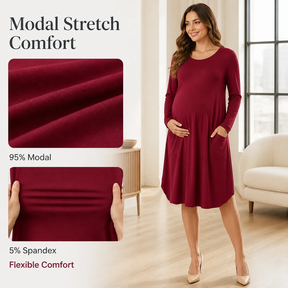 Long Sleeve Maternity Nursing Dress Hidden Vertical Zipper Breastfeeding A-Line Dress With Side Pockets Soft Pregnancy Clothes