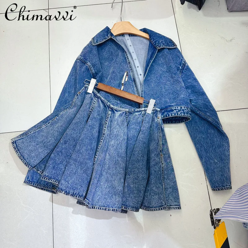 

Europe America Niche Fashion Slack Snowflake Washed Denim Jacket with Pleated Skirt Suit For Women
