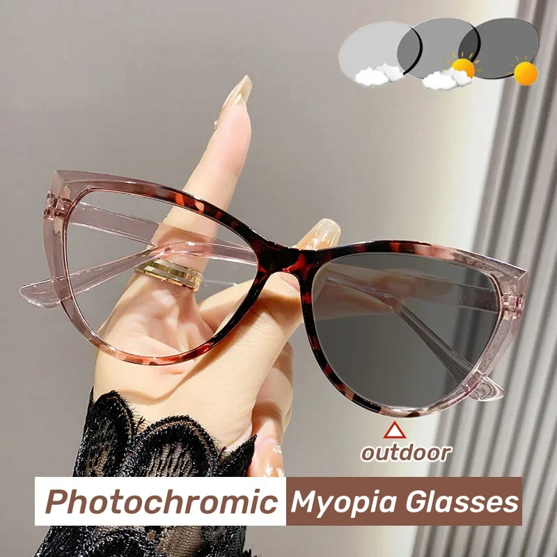 

Fashion Trendy Anti-blue Light Near Sight Eyewear Women Cat Eye Myopia Photochromic Glasses Vintage Lens Minus Eyewear 0 To -4.0