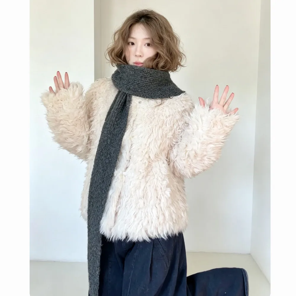 Winter Women Creamy-white Hairy Curly Faux Sheep Fur Coat Stand Collar Long Sleeve Loose Warm Shaggy Jacket Vintage Outerwear