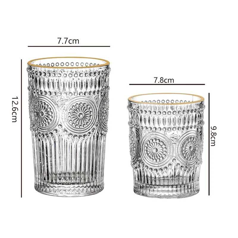 2pcs Set Vintage Sunflower Glass Cup Large Capacity Embossed Gold Edge Glass Cups for Water Cocktail Milk Tea Juice Beer Glasses