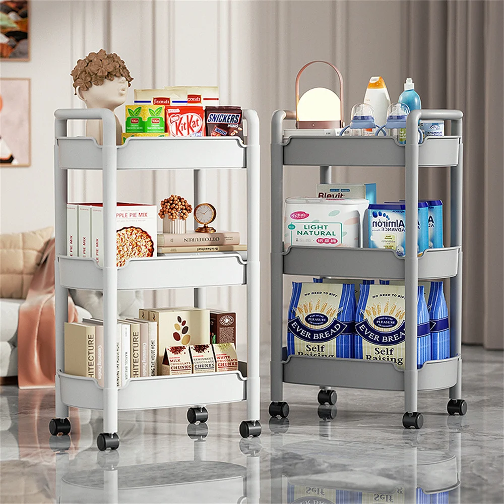 4 3 Tier Easy Assemble Utility Serving Rolling Cart Sturdy Storage Trolley with Handles, Locking Wheel for Bedroom Bathroom