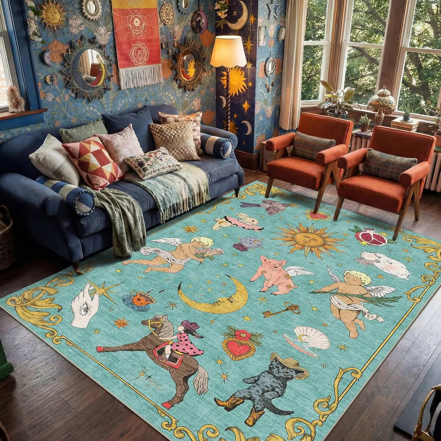 1pc 2D Flat Retro Cartoon Tarot Element Printed Floor Mat, Decorative Rug for Living Room, Bedroom, Office, Home Decor