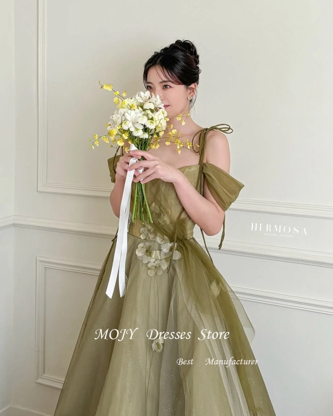 Mojy Fairy Green с открытыми плечами Корейские свадебные платья Блестящее тюлевое плиссированное вечернее платье Фотосессия Индивидуальное вечернее платье невесты