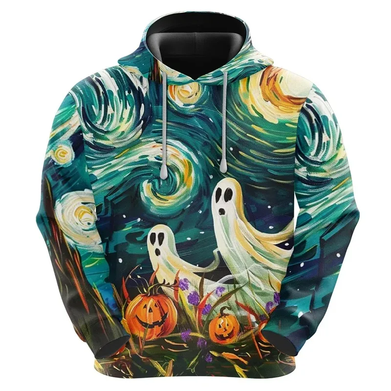 

2025 3D Printed Funny Ghost Halloween Cute Ghost Pattern Sportswear Casual Loose Fitting Pullover for Men and Women Street Wear