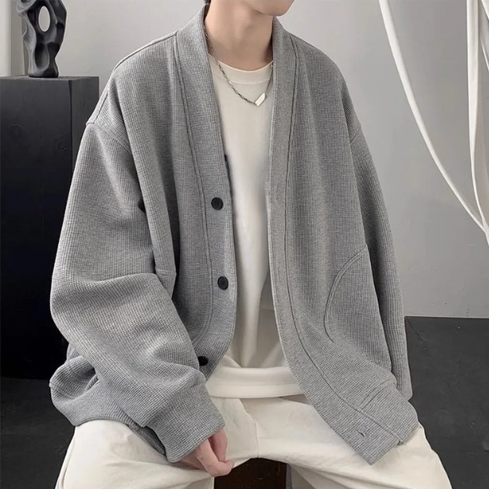 Casual Men\'s Solid Color Cardigan Jacket with Waffle Weave Texture Long Sleeve V-Neck Outerwear Layering Piece