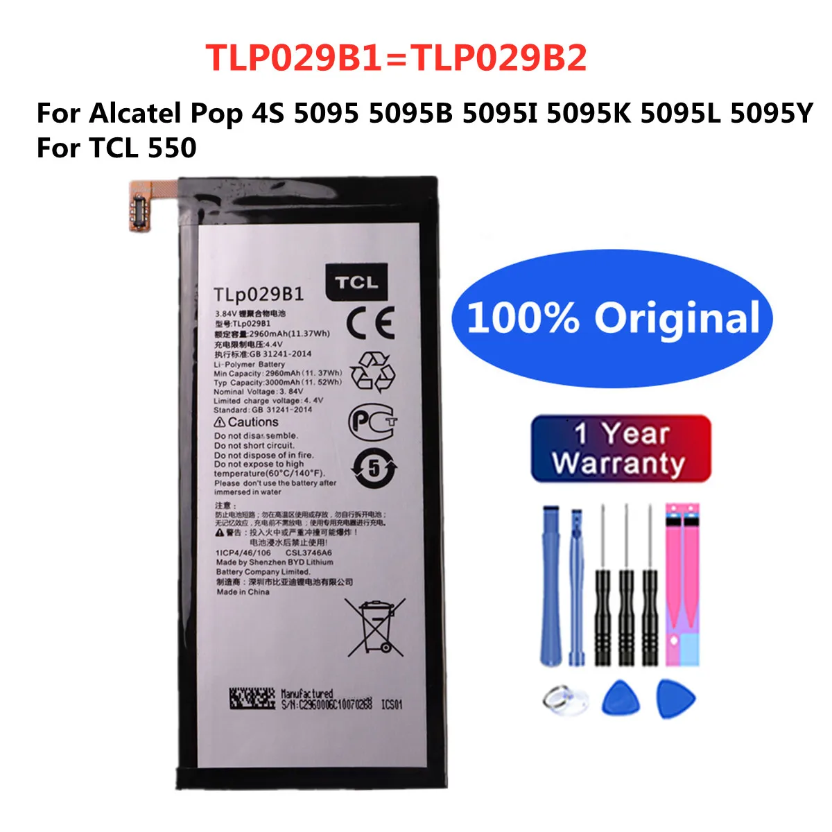 

100% Original TLp029B1 3000mAh For Alcatel OT-5095/5095B/5095I, OT-5095K/L/Y, Touch Pop 4S Li-ion Built-in Mobile Phone Battery