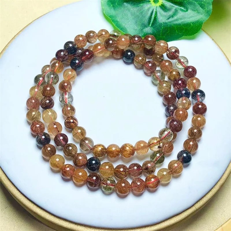 6MM Natural Colored Quartz Triple Circle Bracelet Crystal Smooth Round Beads For Jewelry Making Holiday Gift