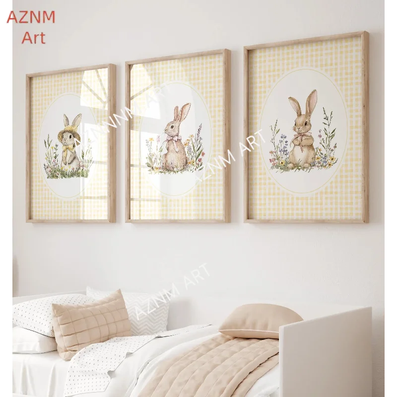 1/3Pcs Butter Yellow Gingham Bunny Wall Art, Rabbit Nursery Decor Girl