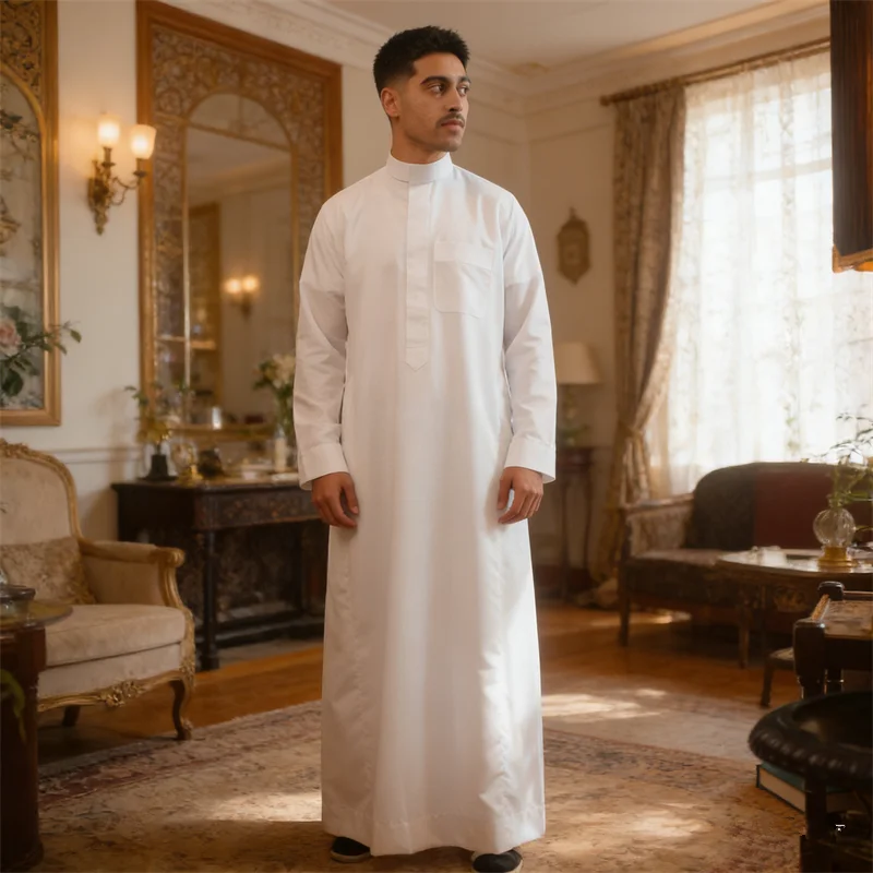 

New Arabian Long Robe for Men Middle East Muslim Dress Jubba Thobe Eid Islam Clothing Daffah Dishdasha Abaya Prayer Kaftan Thoub