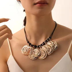 Elegant Vintage Exaggerated Metal Coin Pendant Handmade Wave Chain Necklace Rope for Women Girls Fashionable Party Jewelry Gifts