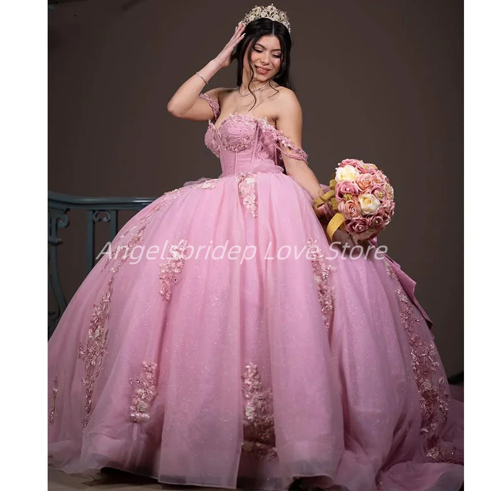 Angelsbridep Pink Tiered Ball Gown Quinceanera Dresses 3D Flowers 2024 Evening Formal Party Gowns Vestidos De 15 Años