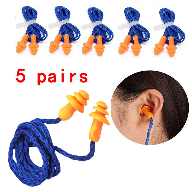

5 Pairs Soft Silicone Corded Ear Protector Soundproof Earmuffs Noise Protection Earplugs Sleep Snoring Reusable Ears Plugs