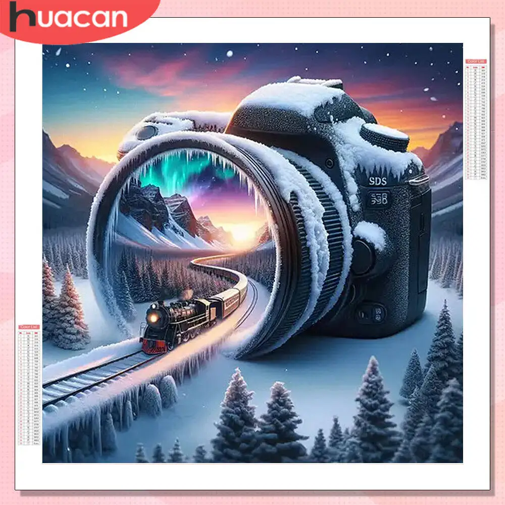 HUACAN 5D Diamant Malerei Zug Winter Landschaft Voll Platz Runde Bohrer Wand Dekor Mosaik Kamera Strass