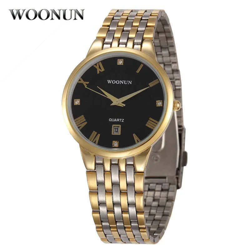 WOONUN New Men Watch Luxury 18K Gold Plated Stainless Steel Quartz Wrist Watches For Men Thin Mens Watches relogio masculino