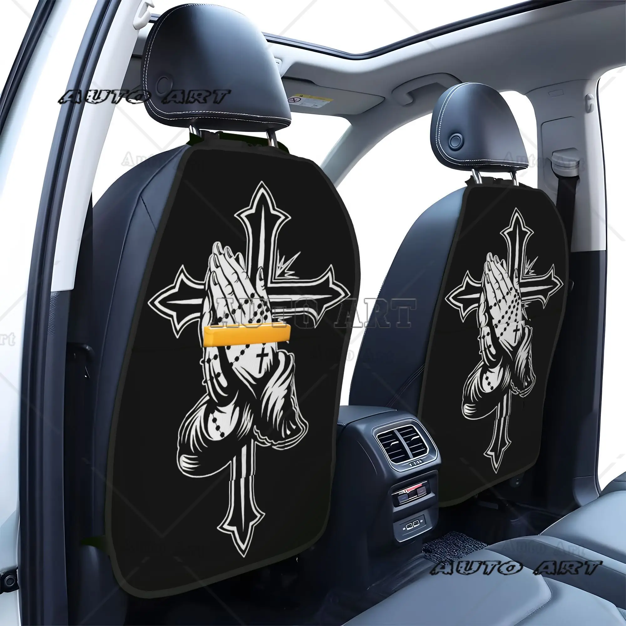 2pcs Prayer Cross Car Seat Back Organizer Large Kick Mats with Storage Pockets Car Back Seat Organizer
