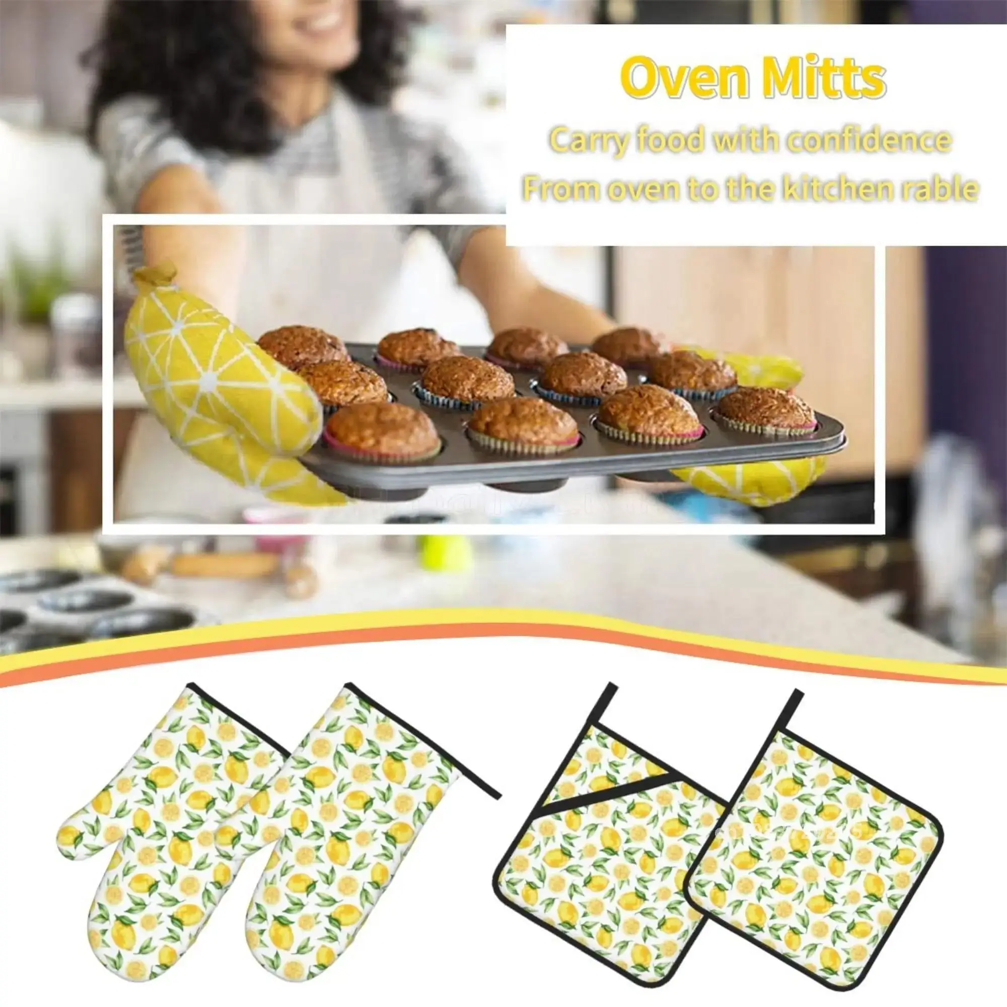 Bright Yellow Lemons Oven Mitts and Pot Holders Sets of 4 Resistant Hot Pads with Non-Slip Gloves for Cooking Baking Grilling