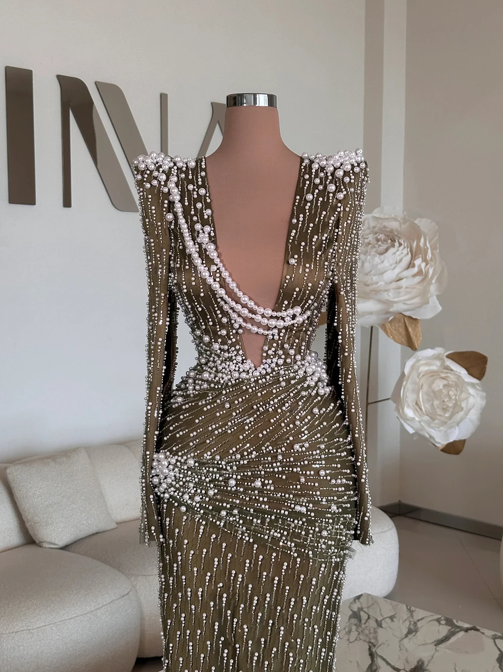 فساتين سهرة رشيقة لؤلؤية عميقة على شكل حرف V ترتر فساتين حفلات مطرزة بأكمام طويلة الأميرة مخصصة فيستدوس دي نوش #2