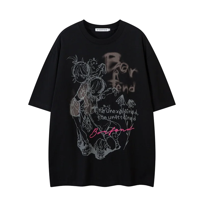 

Motorcycle Trendy Brand Dark Style Handsome Street Print Summer New High Street Round Neck Short Sleeves for Men