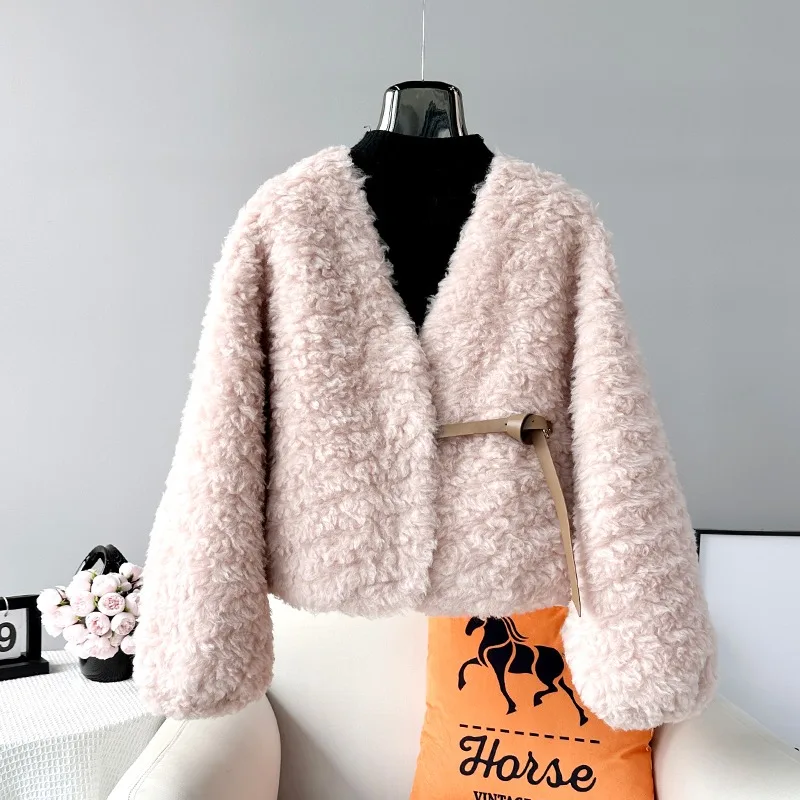 Casaco curto de ovelha shearling feminino, casaco quente novo, lã de cordeiro, moda feminina, outono, inverno, JT461