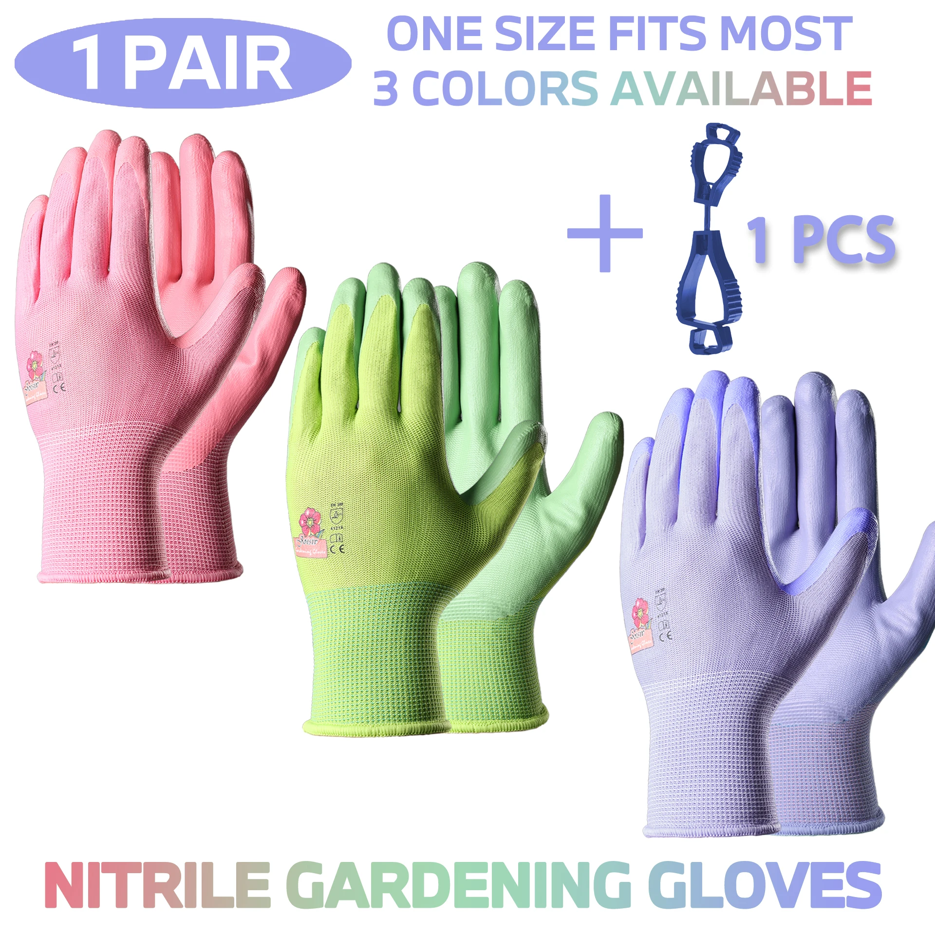 Luvas de Nitrilo para Jardim Feminina, Cavando, Plantando, Erva Daninha, Unhas, Proteção para Dedos, Inclui Clipe para Luvas, 3 Cores, 1 Par