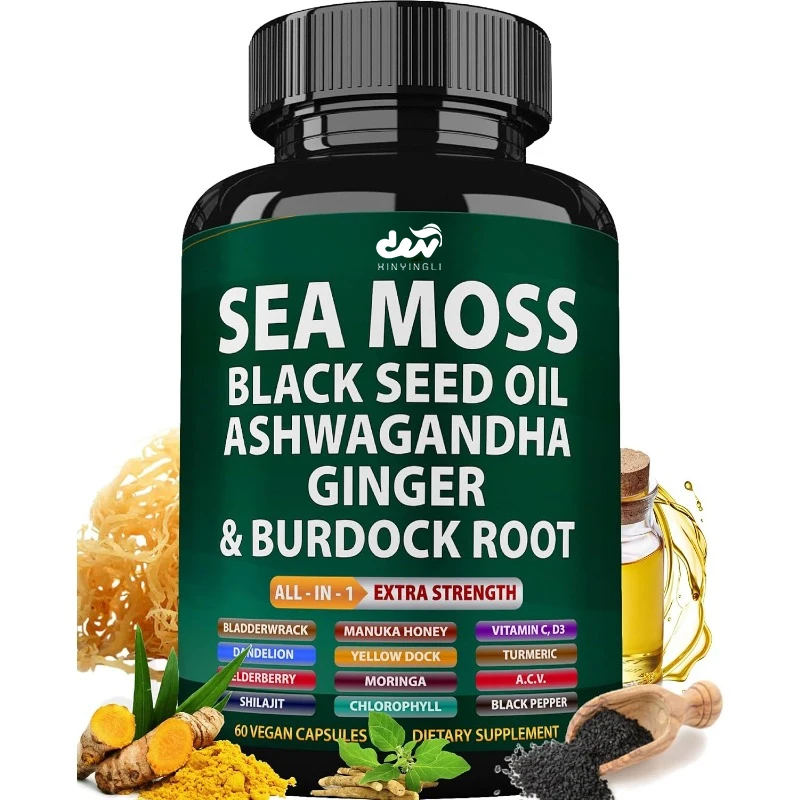 Sea Moss Black Seed Oil, Organic Seaweed Capsules Containing Burdock Roots, Bladder, Turmeric, and Various Mineral Supplements