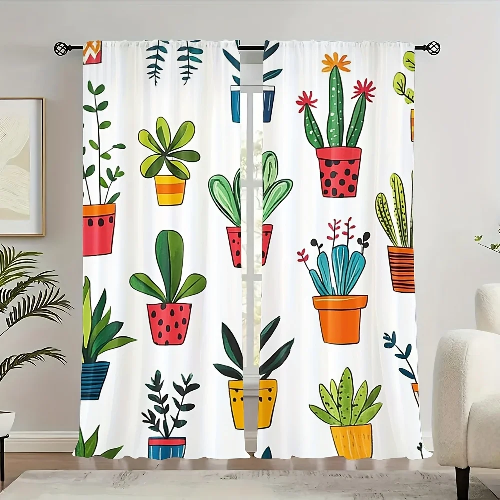 2pcs Rod Pocket Potted Plant Print Curtains, Contemporary Polyester Drapes, Machine Washable, Easy Install, No Power Needed