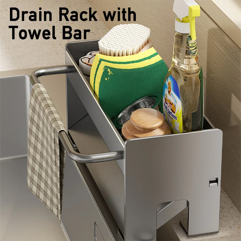 Kitchen Sink Drain Rack Organizer Sponge Holder Stainless Steel Storage Rack Soap Drainer Dishcloth Towel Bar Countertop Shelf