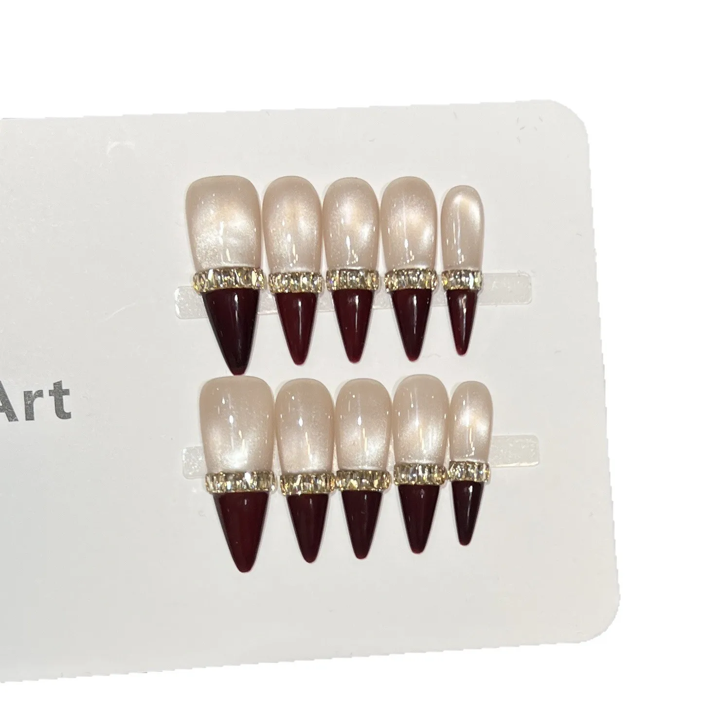 10Pcs Handmade Long Stiletto French Press On Nails Glass Bead Cat Eye Rectangle Rhinestone Decor Sweet Cool Wearable False Nails