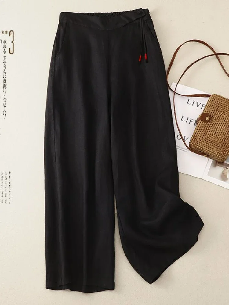 High Waist Cotton and Linen Casual Pants Retro Artistic Summer Wide Leg Pants Women Elastic Loose Straight Yellow Women's Pants