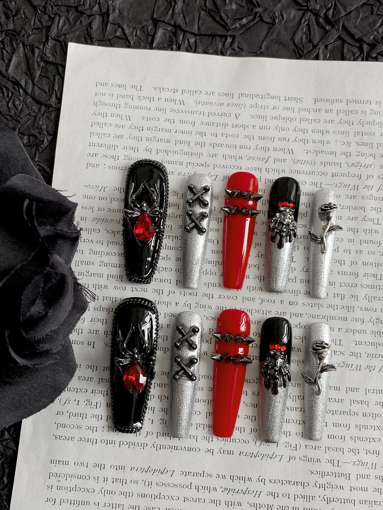 Handmade Gothic Press On Nails, Long Coffin Fake Nails with Spider, Red Rhinestone, Rivet & Metal Rose Charms - view 2