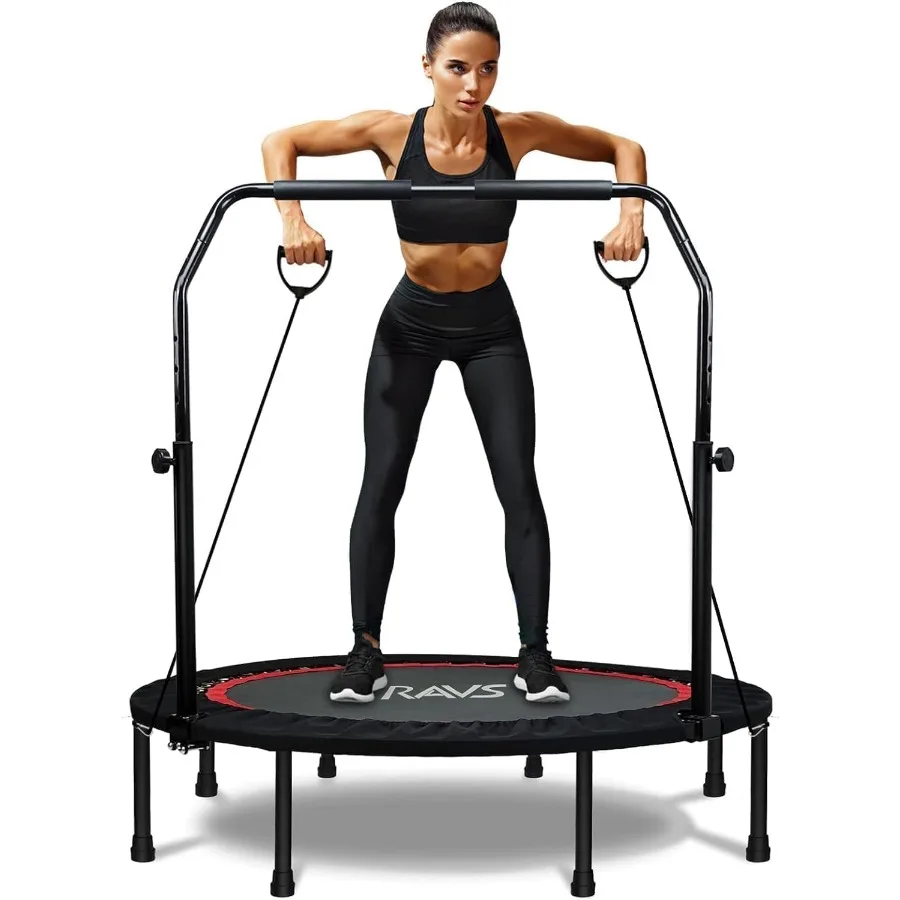 

Indoor Mini Trampoline for Adults 40/48 Foldable Fitness Rebounder with 5 Levels Height Adjustable Handle Resistance Bands in B