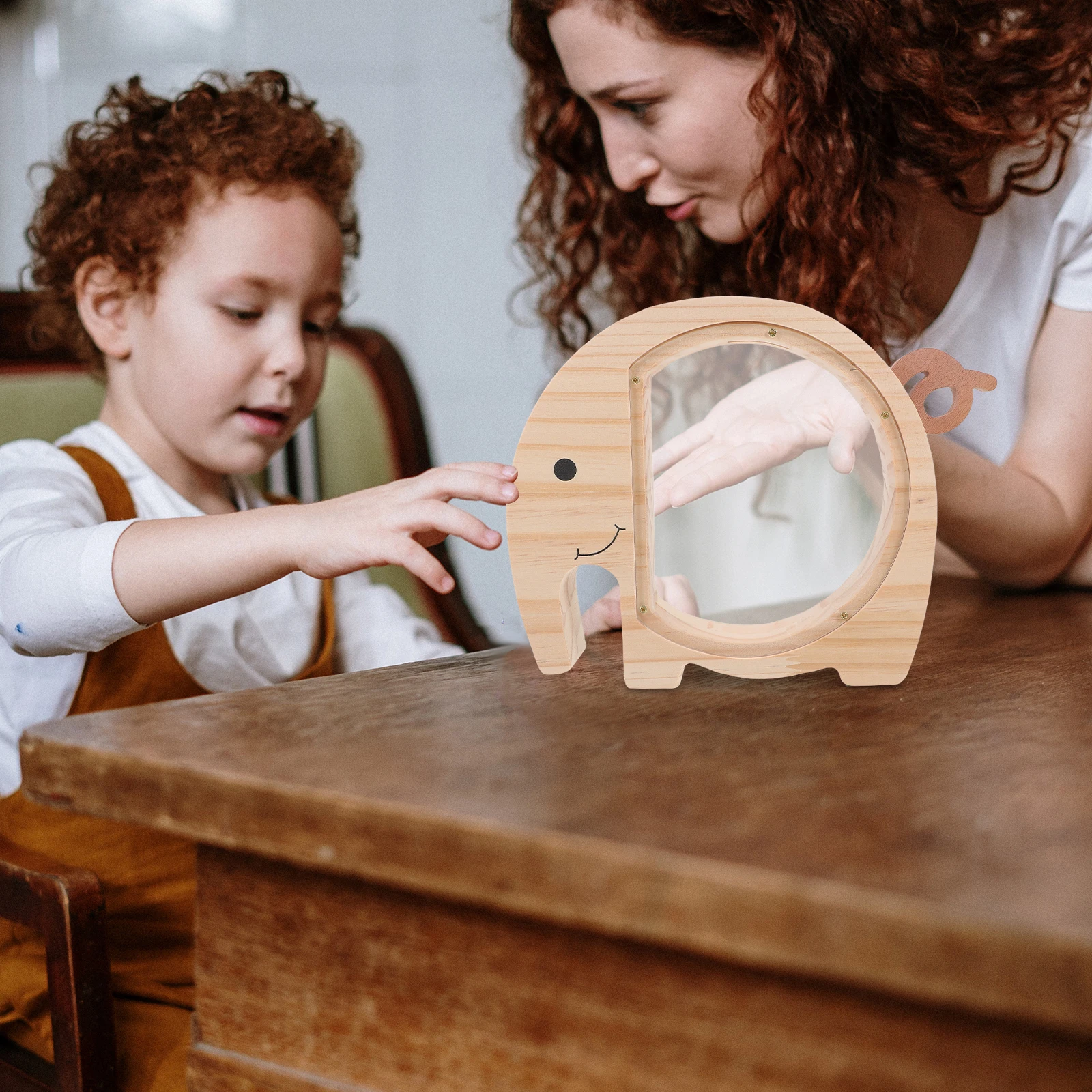 Drewniany skarbonka dla dzieci w kształcie słonia, przezroczysty pojemnik na monety, kreatywna skarbonka, uroczy zwierzęcy wystrój pokoju, skarbonka dla dzieci.