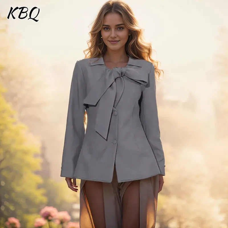 

KBQ Solid Patchwork Lace Up Blazer For Women V Neck Long Sleeve Tunic Spliced Single Breasted Casual Blazers Female Fashion New