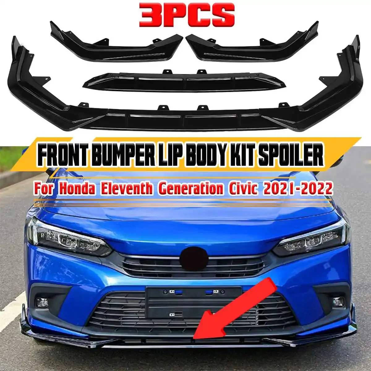 3pcs Car Front Bumper Splitter Lip Diffuser Body Kit Spoiler Protector Cover For Honda Eleventh Generation For Civic 2021-2022