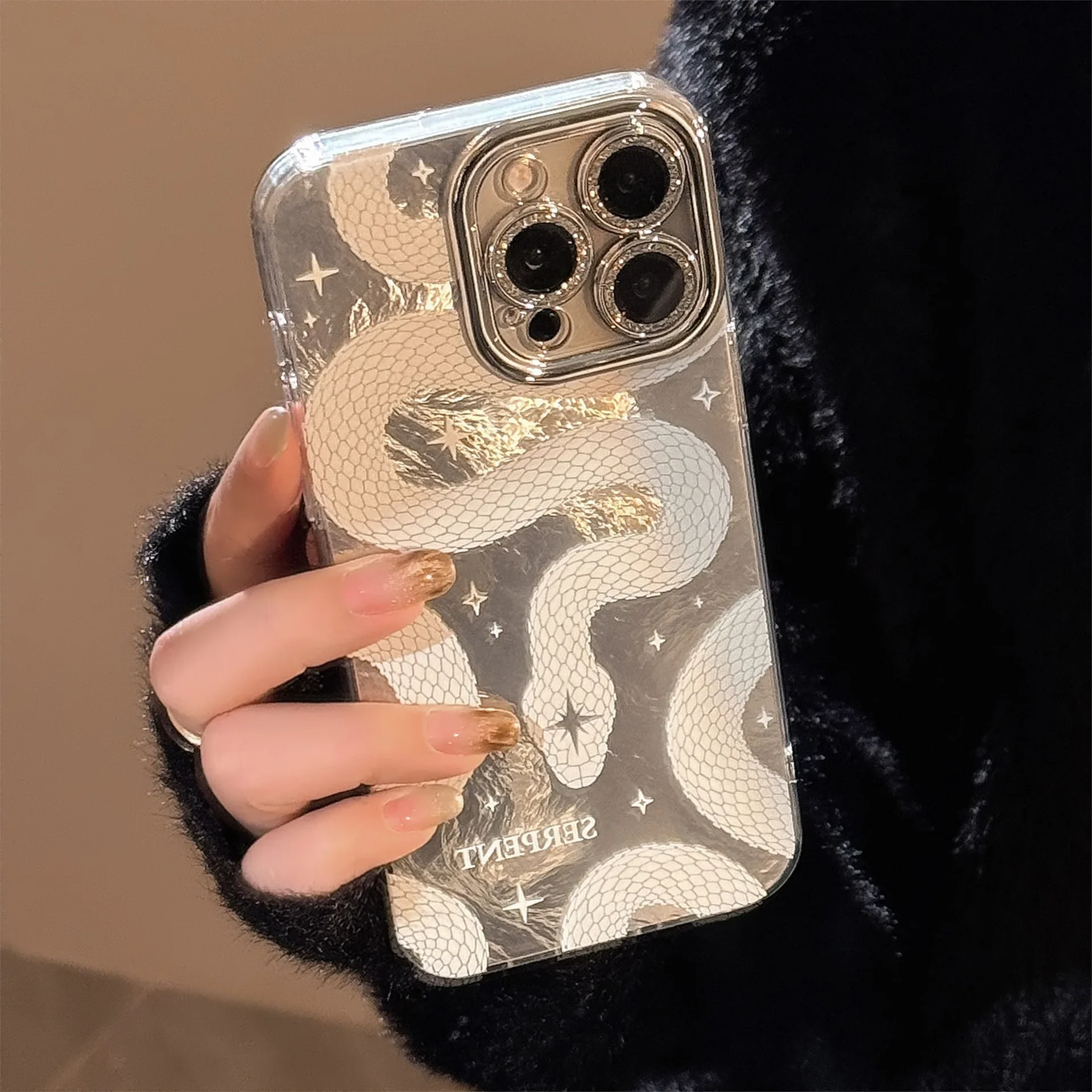 Jungle White python snake pattern Silver glitter Plating Phone case For iPhone 16 15 14 13 12 11 Pro Max Case Cute Luxury Cover