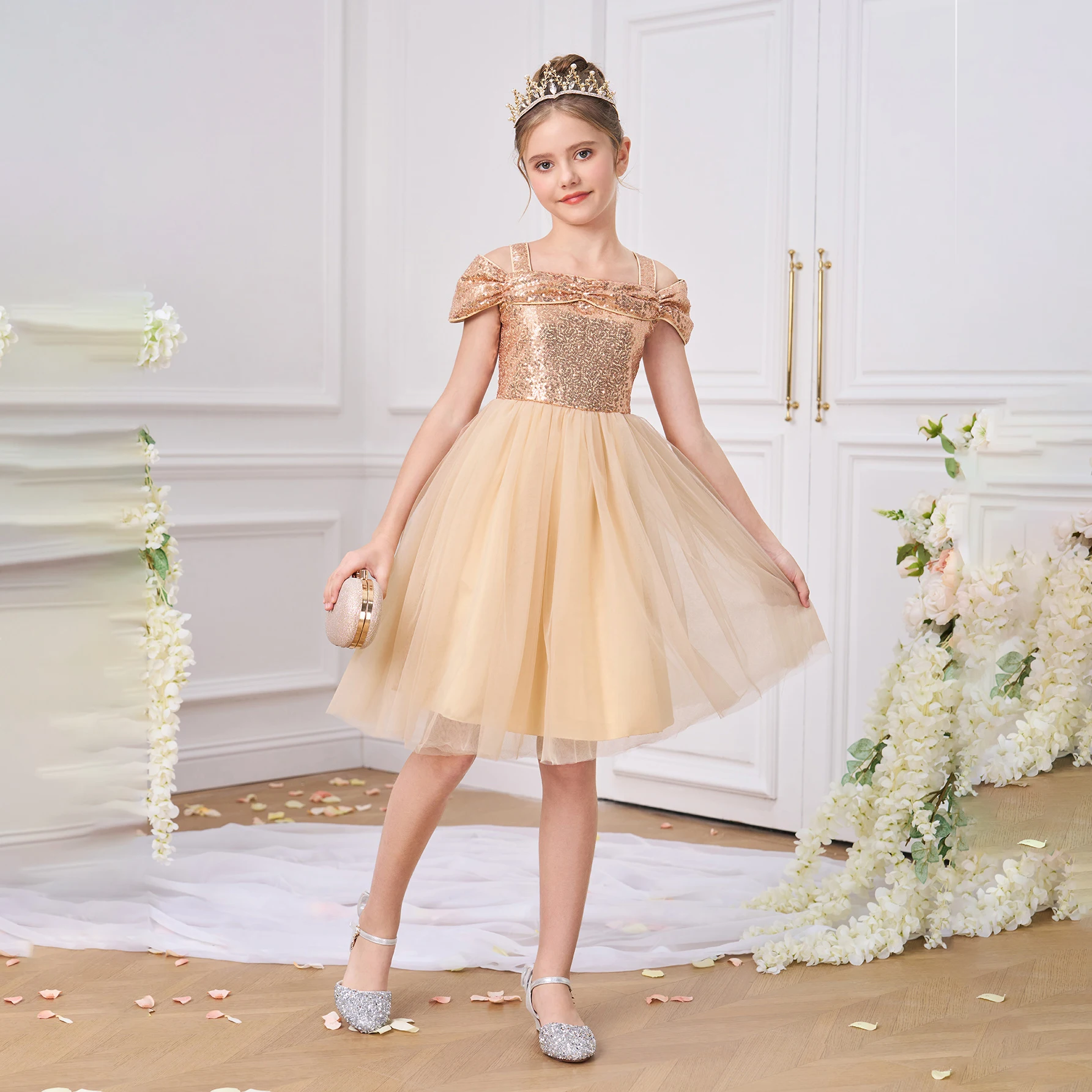 

Elegant Gold Sequin Party Girls Dress Shouldeless Bow Wedding Bridesmaid Prom Gown Teens Birthday Princess Dresses Kids Clothing