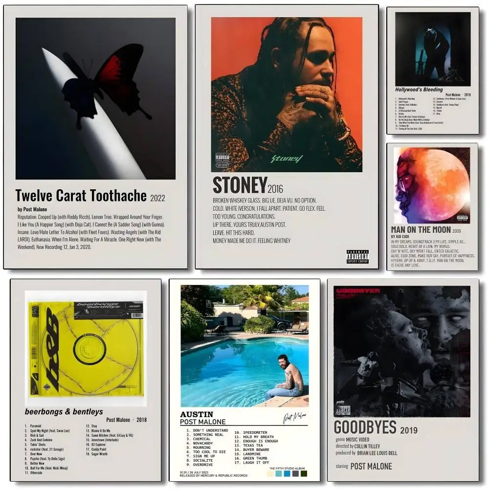 Post Malone Twelve Toothache Bleeding Hip Hop Musikalbum Poster Aufkleber Druck Wasserfester Wandkunstdruck für Wohnzimmer Heimdekoration