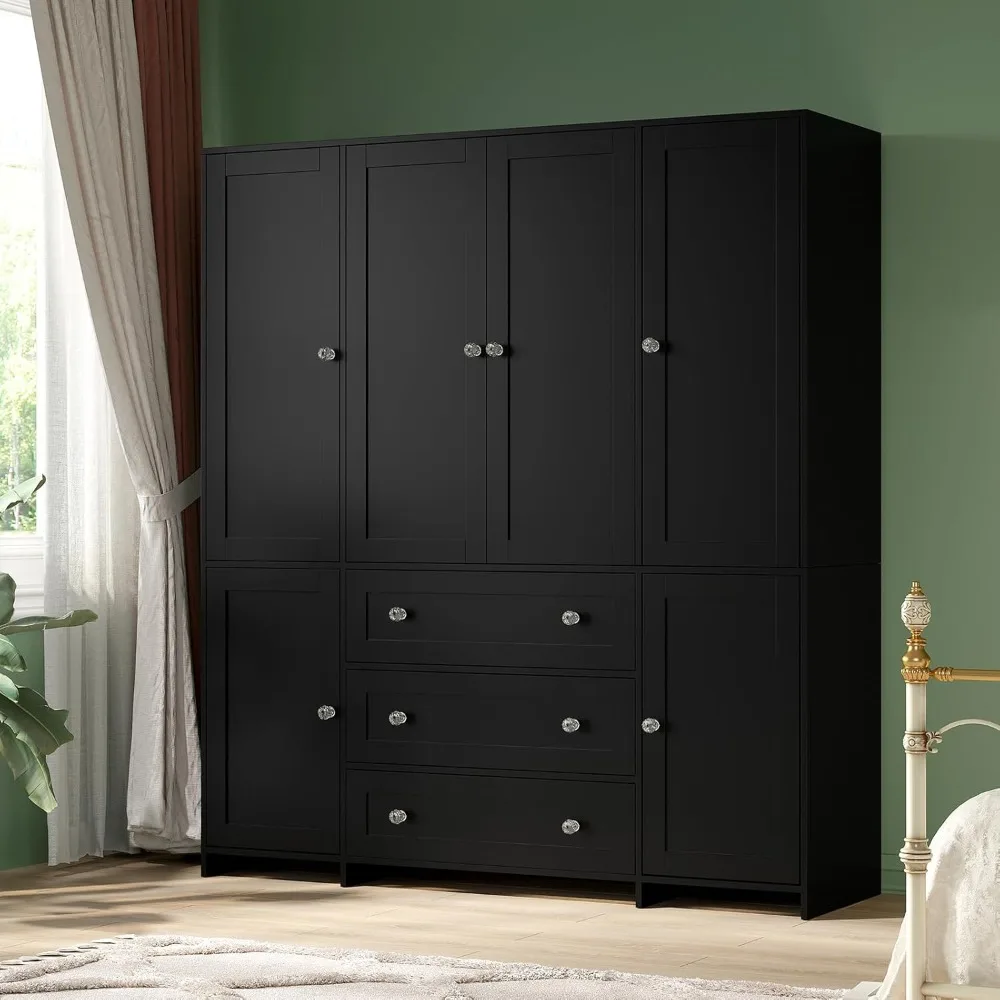 

Armoire Wardrobe Closet with Drawers and Mirror, 71 Clothing Storage Cabinet with Hanging Rod, 6 Doors Wooden Wardrobe Cabinet