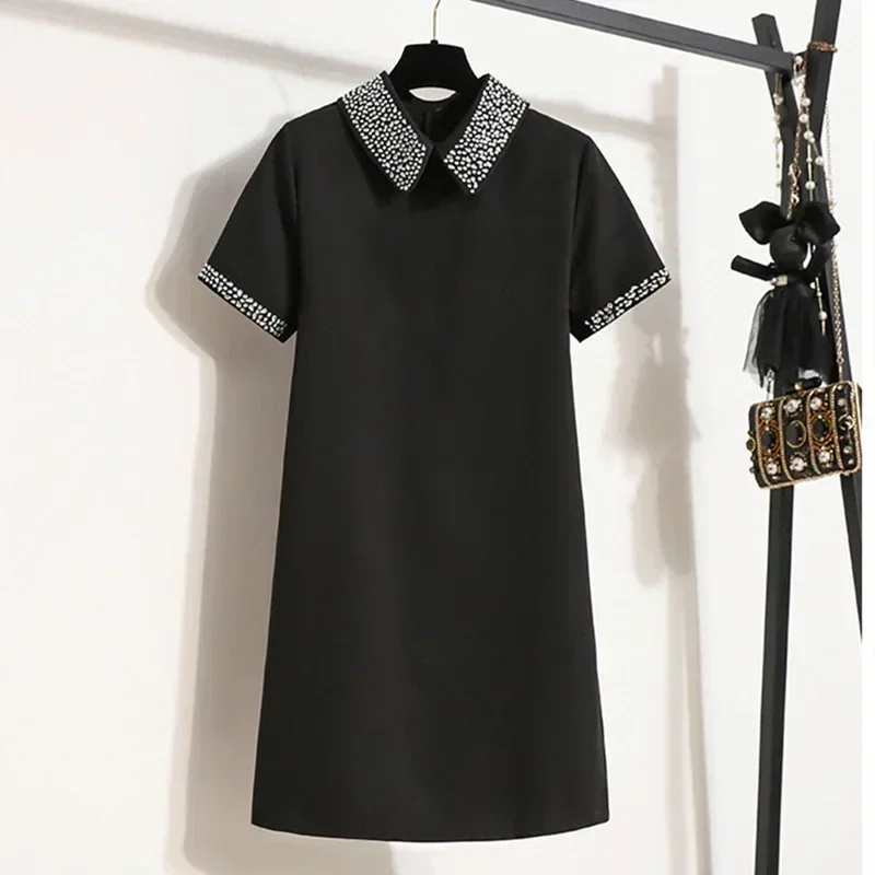 QNPQYX Chic Sparkling Diamond Beaded Peter Pan Collar abito corto donna estate elegante Fashion Office Lady Simple T Shirt Dress