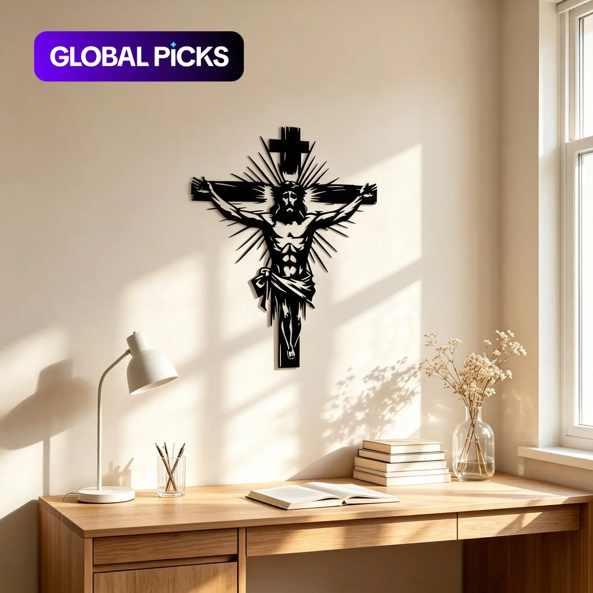 CIFBUY Wrought Iron Jesus Cross Wall Art, Stretching Arms with Glowing Dots, Religious Home Decor for Church & Prayer Room