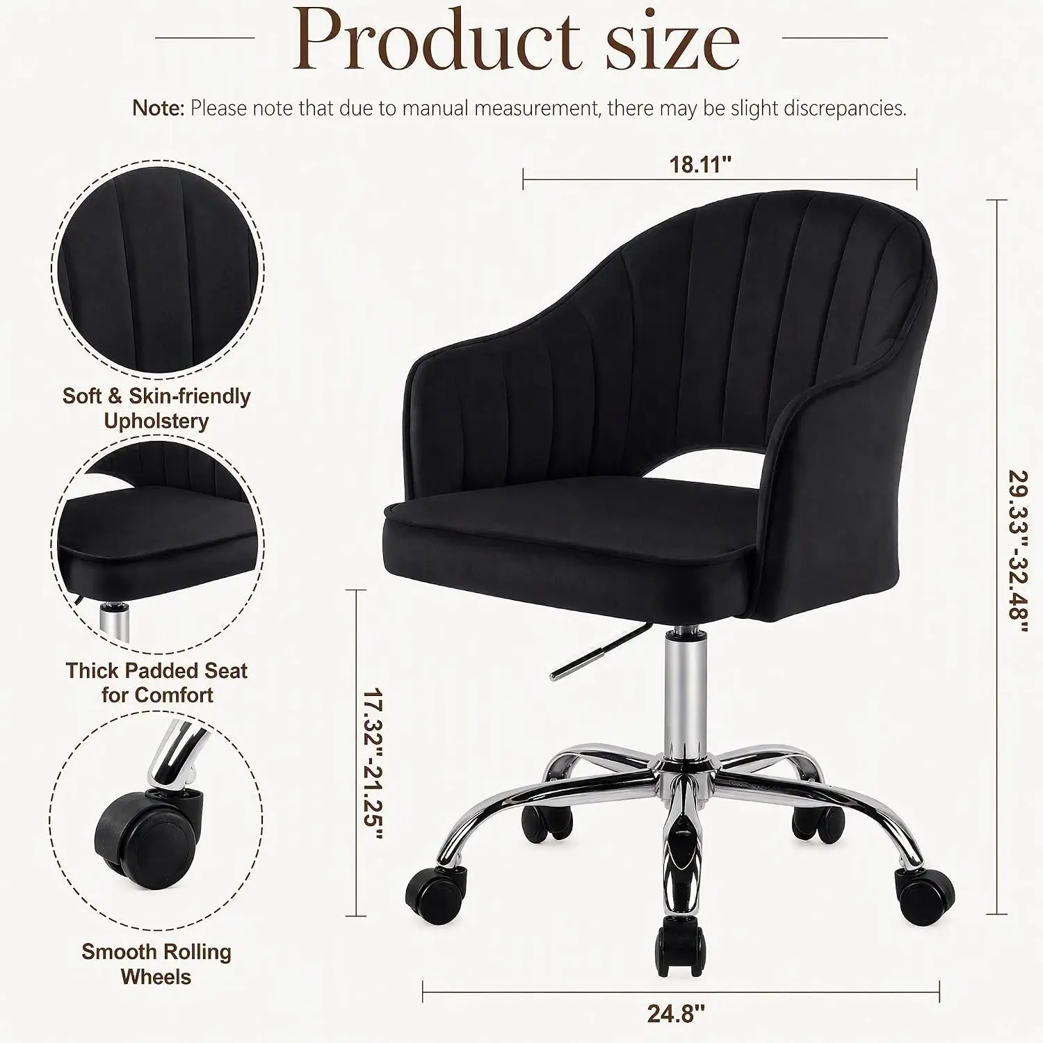 Modern Vanity Chair with Wheels, Mid-Back Cutout Velvet Home Office Chair, Swivel Height-Adjustable Soft Seat Cute Desk Chair