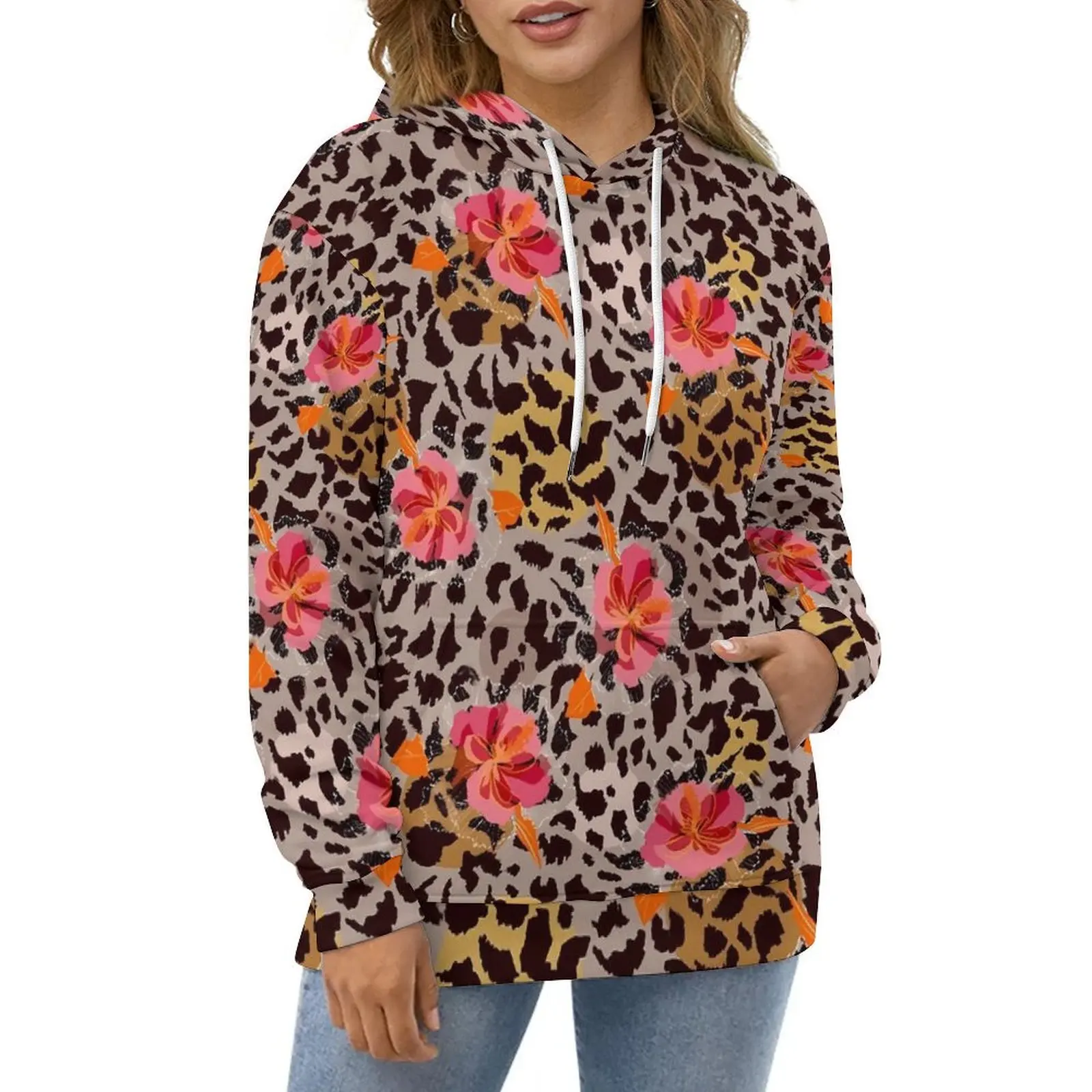 

Floral Leopard Hoodies Tropical Print Classic Oversize Pullover Hoodie Female Long Sleeve Cute Graphic Casual Sweatshirts